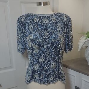 Oleg Cassini Midnight Blue Beaded Top Large Vintage Silk
